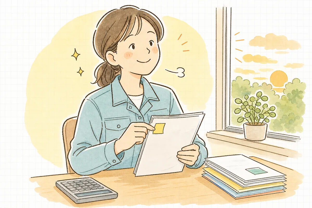 差額の理由がわかり、付箋に書いたメモを請求書に貼り終えてほっと肩の力を抜いている事務担当者