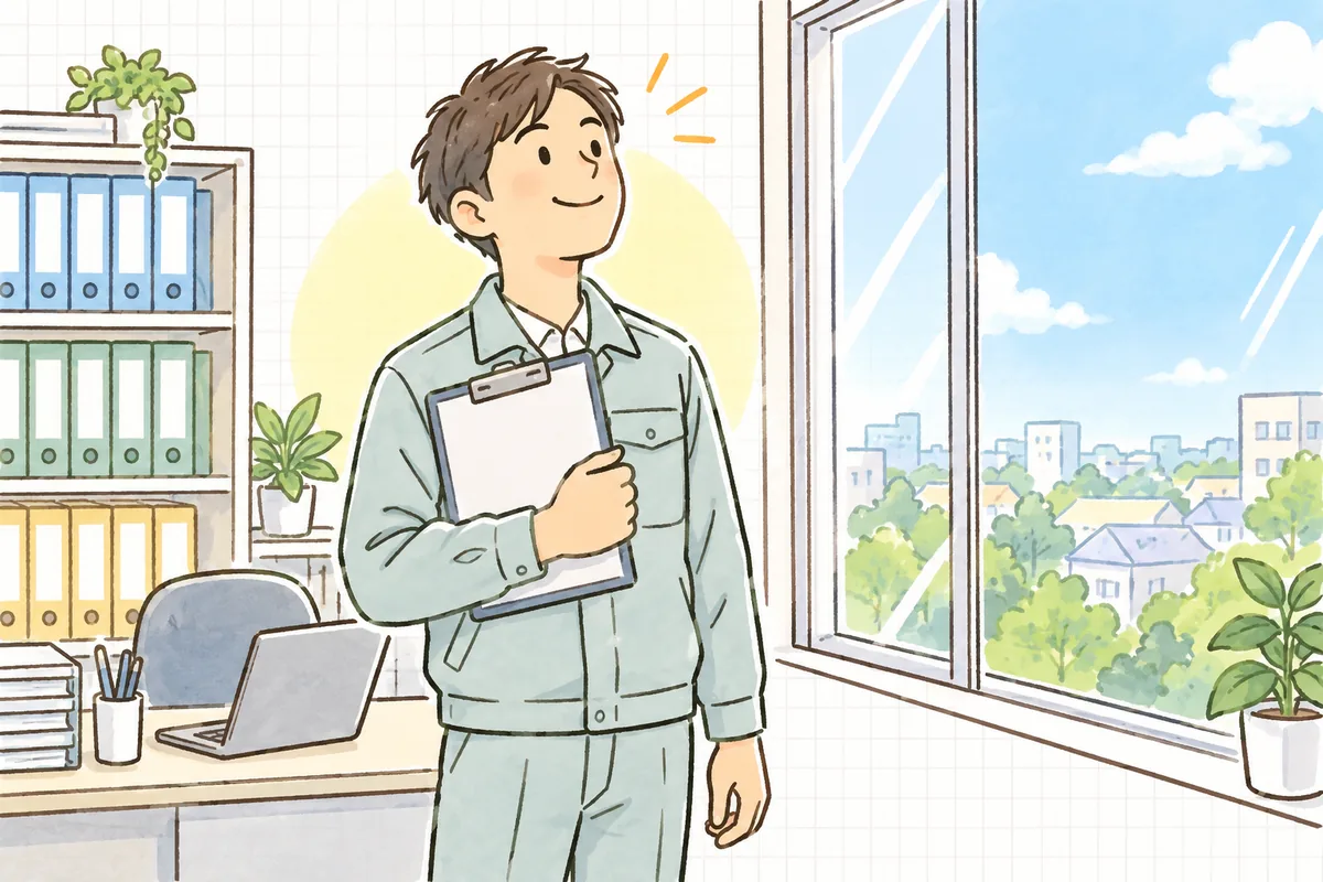 拠点と担当者を書き出した一覧を手に、窓辺で穏やかにほほえむ作業着姿の産廃事務担当者