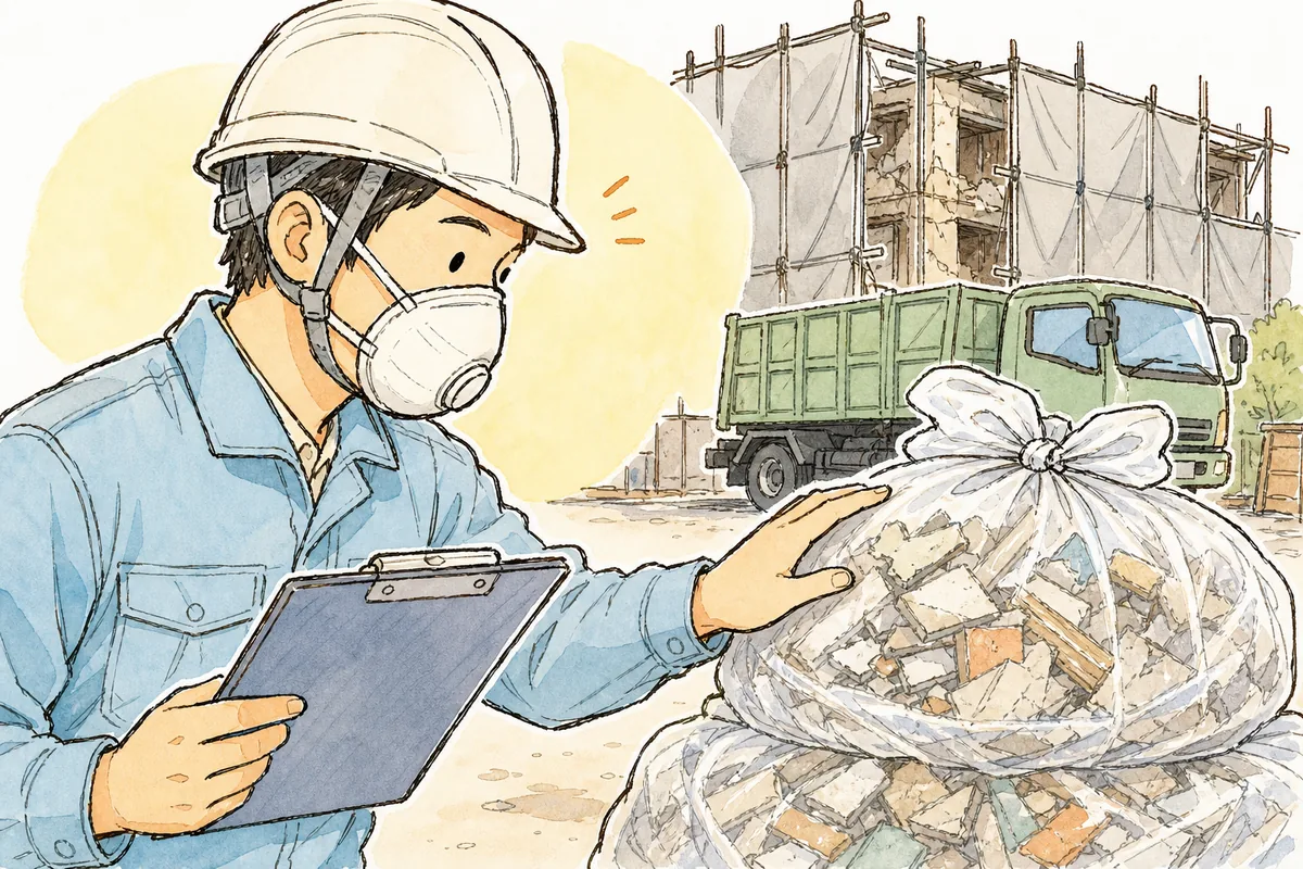 解体現場の脇で、二重に梱包され表示された石綿含有廃棄物の袋を前に、書類と見比べて区分を確かめる作業着姿の運搬担当者