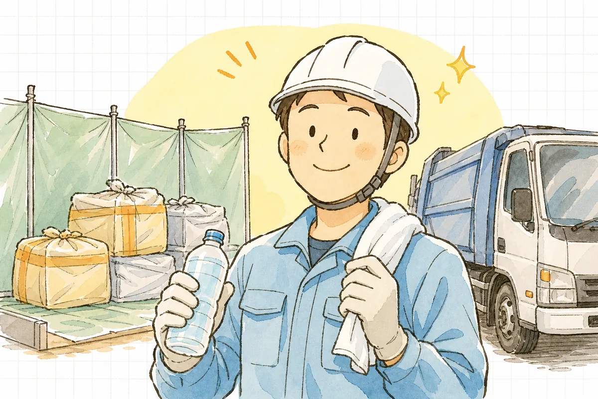 石綿含有廃棄物を区分して表示まで整え、収集運搬車両の前で肩の力が抜けて穏やかな表情を見せる運搬担当者