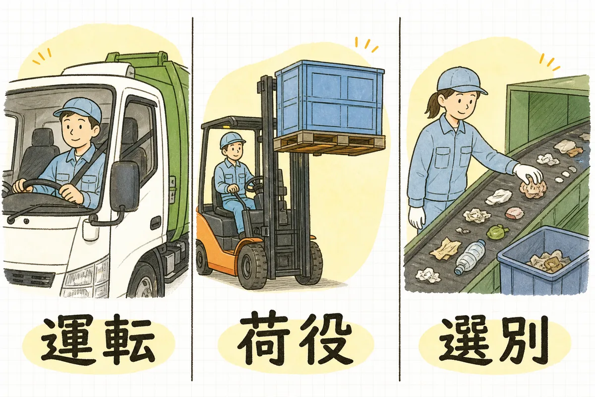 収集運搬車の運転席・フォークリフトでの荷役・選別ラインでの手作業という3つの持ち場を横に並べ、それぞれの下に持ち場の名前を示した図