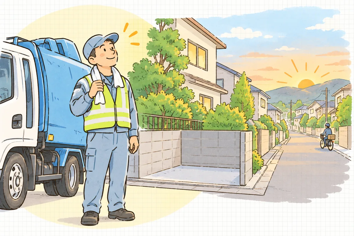 朝日が昇り始めた住宅街を、収集を終えたトラックの横で作業員が穏やかな表情で空を見上げている情景