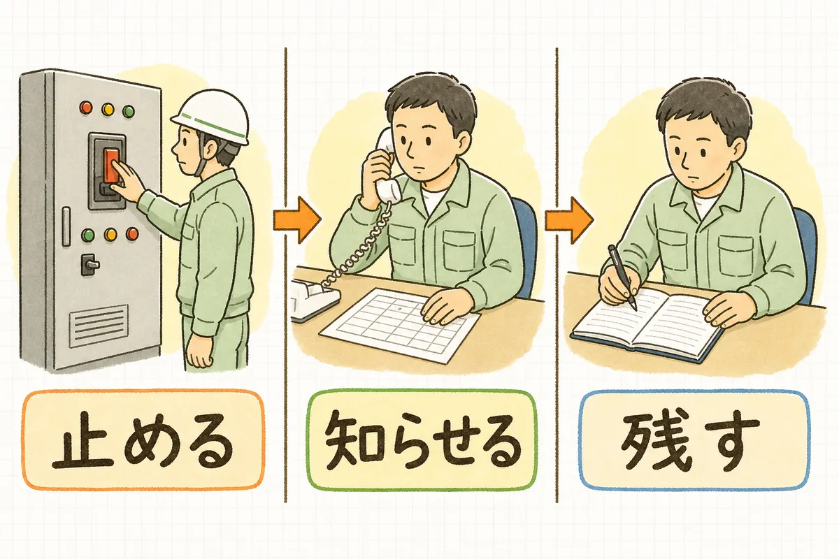 施設が止まったときの動き方を、制御盤の電源を切る場面・電話で連絡する場面・ノートに記録する場面の3つに分けて左から順に並べた図