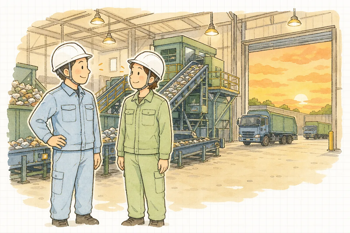 設備が復旧した夕方の中間処理施設で、ふたたび動き出したベルトコンベヤを見ながら、同僚と穏やかにうなずき合う作業員たち