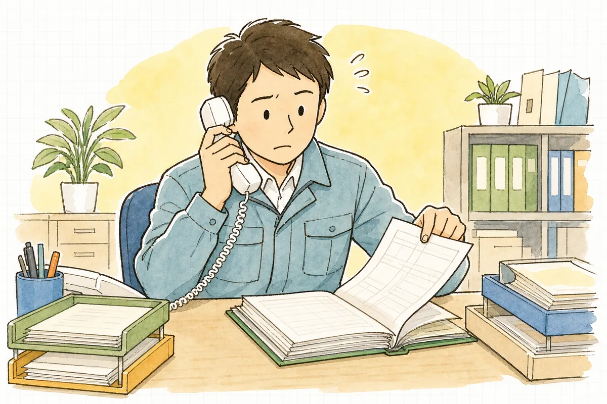 事務所の電話を受けながら、手元のマニフェスト控えをめくって状況を確認しようとする産廃の実務担当者