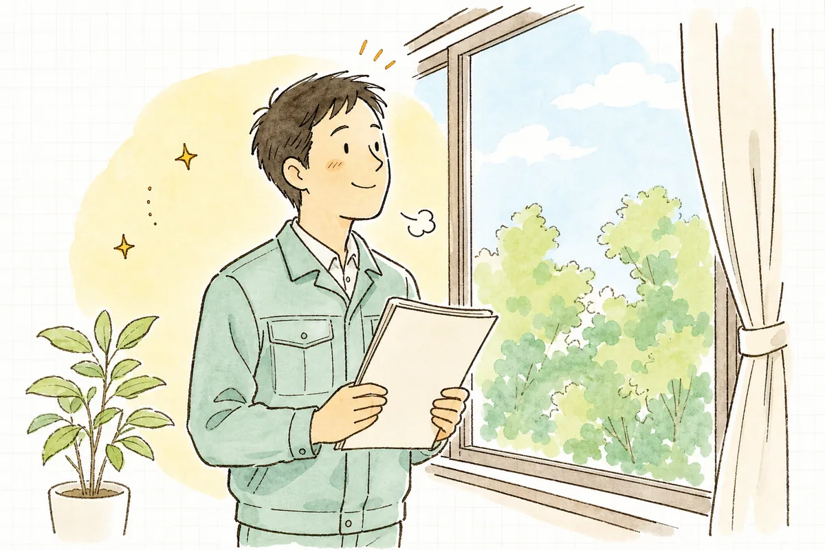 電話を終え、確認済みの書類を手にして事務所の窓辺で穏やかに一息つく産廃の実務担当者