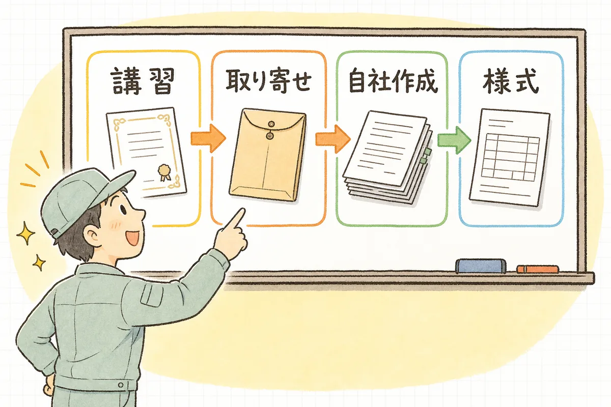 講習・取り寄せ・自社作成・様式の4段階が左から右へ並ぶ準備の流れを指でたどる産廃の現場担当者