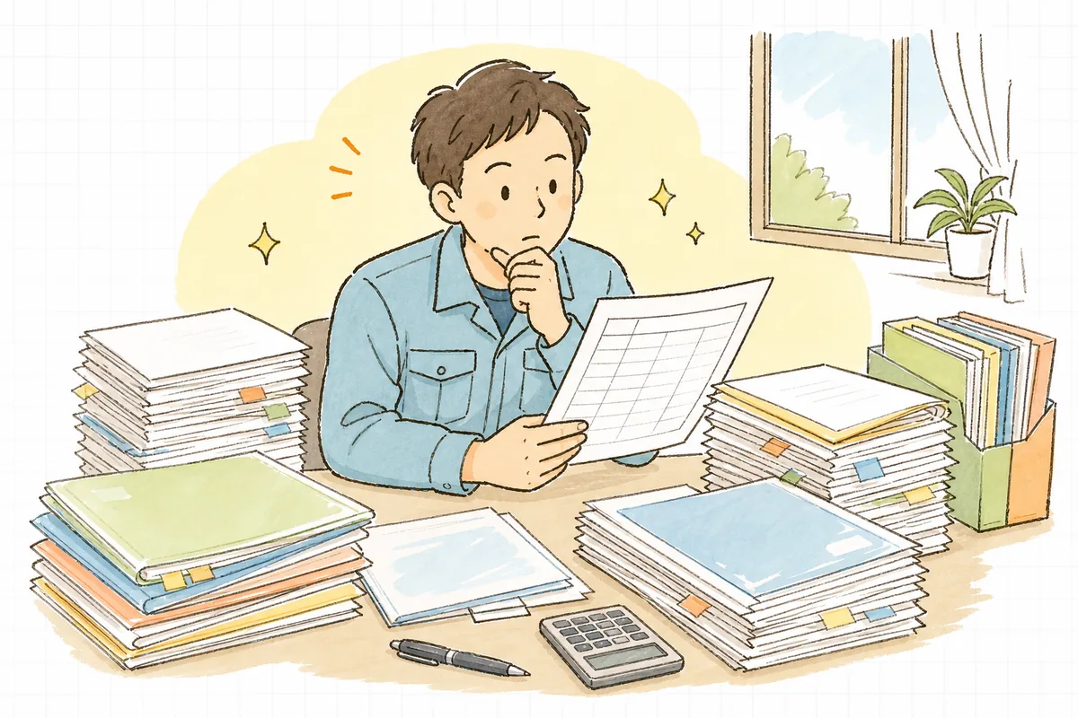 デスクに並べた申請書類の束を前に、何から手をつけようかと一覧を眺める産廃の現場担当者