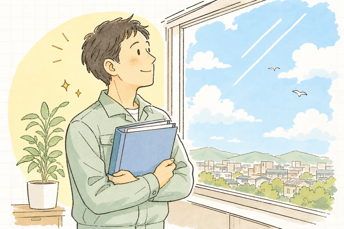 そろった申請書類のファイルを手に、窓辺で外を眺めて穏やかに一息つく産廃の現場担当者