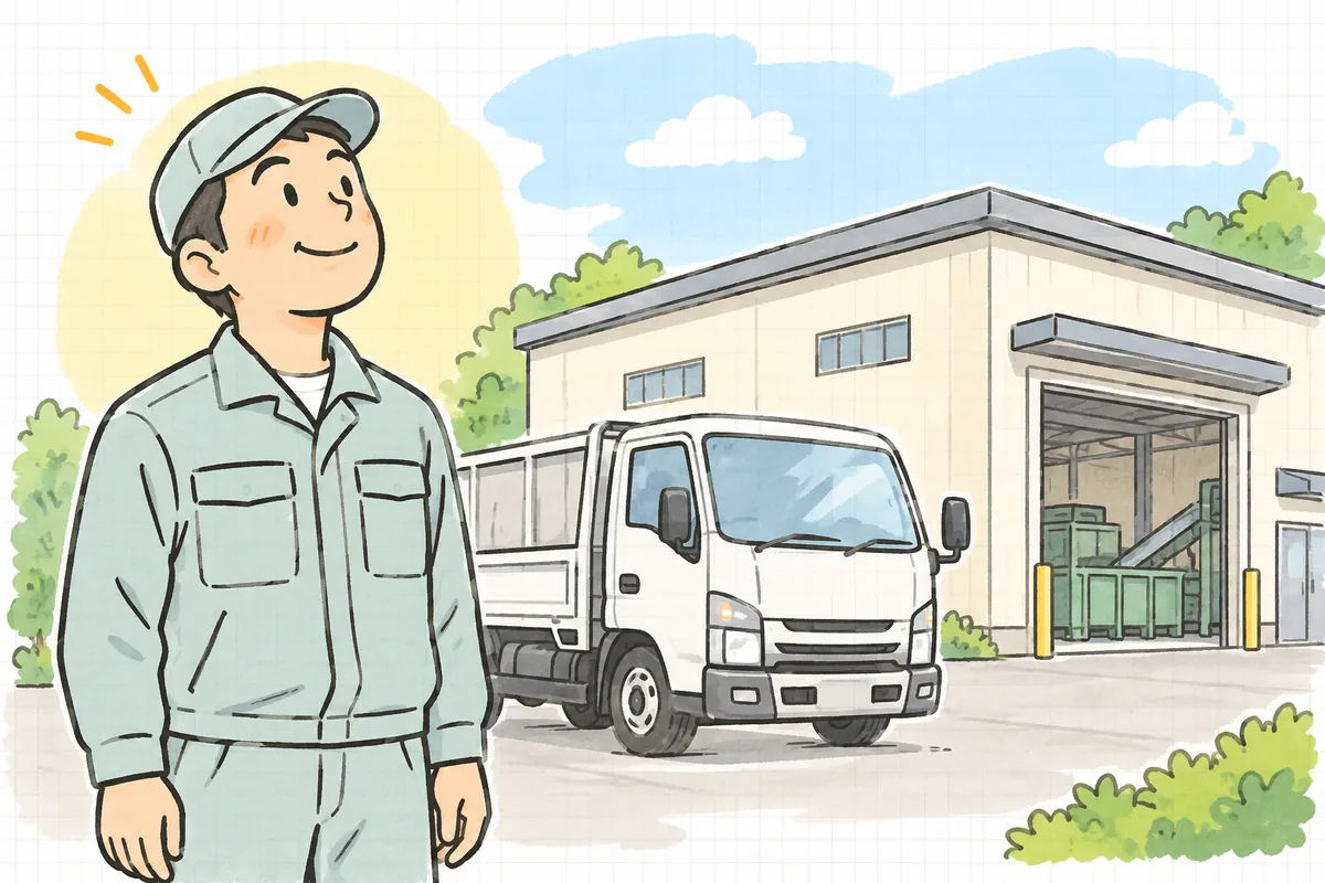 処理施設の前に停めた運搬トラックの横で、晴れやかな表情で施設を見上げる作業着姿の担当者
