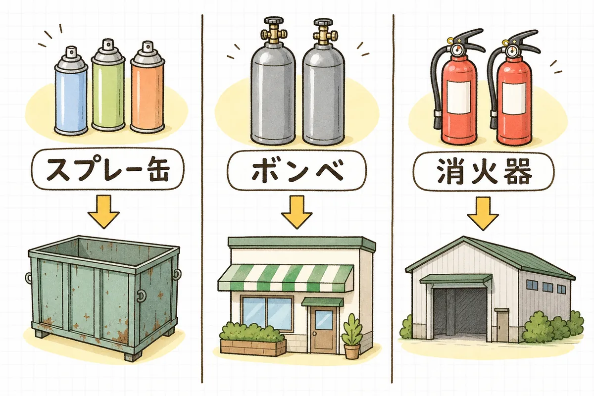 スプレー缶・高圧ガスのボンベ・消火器が、それぞれ別の行き先に分かれることを示した3列の図