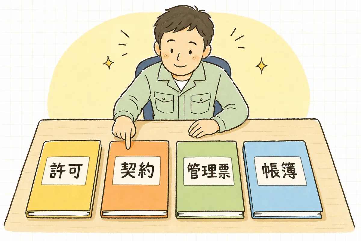 許可・契約・管理票・帳簿という4つのファイルを机に並べて確かめる産廃業者の担当者