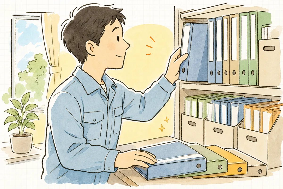 立入検査に備えて、書類ファイルを棚から取り出して机の上に静かに並べる産廃業者の担当者