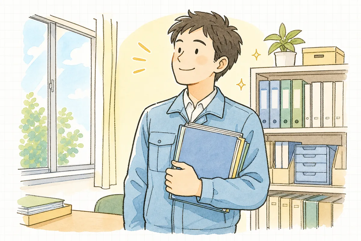 準備を終えた書類ファイルを胸に軽く抱え、肩の力が抜けて穏やかな笑みを見せる産廃業者の担当者