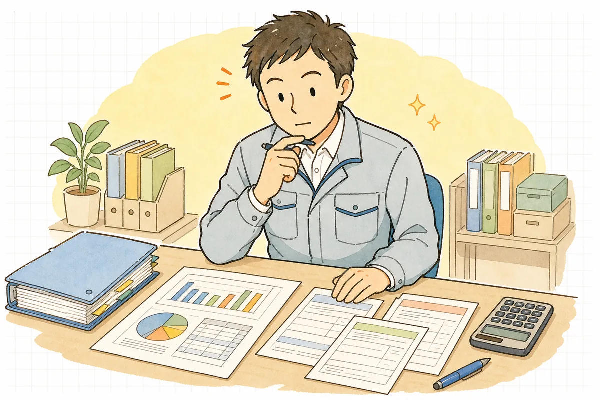 前年度の産廃の排出量をまとめた資料を机に広げ、提出する書類の段取りを静かに考える排出事業者の廃棄物管理担当者