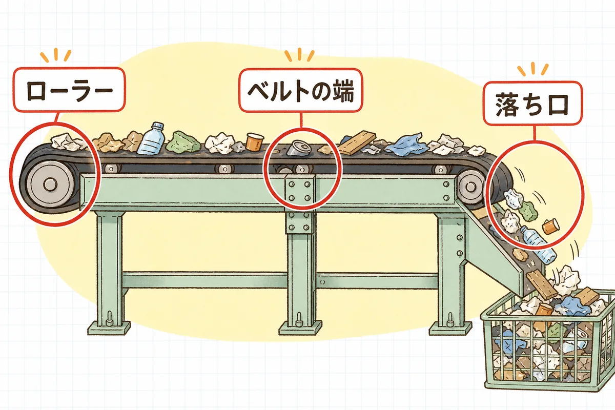 手選別ラインのベルトコンベヤを横から見た図で、ローラーのすき間、ベルトの端、落ち口の3か所が危ない場所として示されている