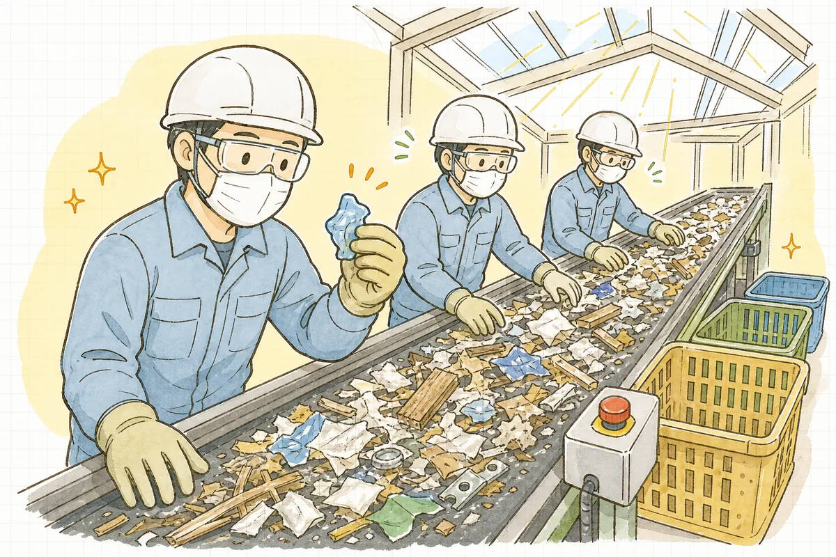 中間処理施設の手選別ラインで、ベルトコンベヤを流れる混合廃棄物を、ヘルメットと保護メガネ、手袋をつけた作業員たちが真剣な表情で選り分けている様子