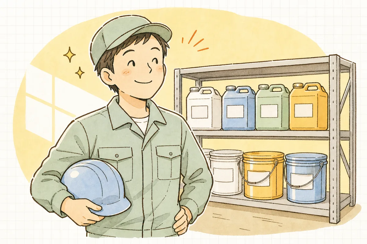特管の廃棄物を分けて表示まで整え、肩の力が抜けて穏やかな表情を見せる産廃の現場担当者