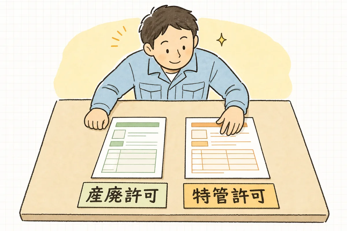 産廃許可と特管許可の2枚の許可証を机に並べ、事業の範囲の記載を見比べている担当者