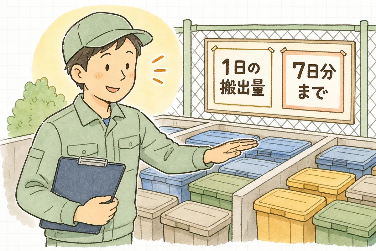 保管場所にためてよい量の上限を、1日の搬出量のおおむね7日分と確かめて安心する担当者