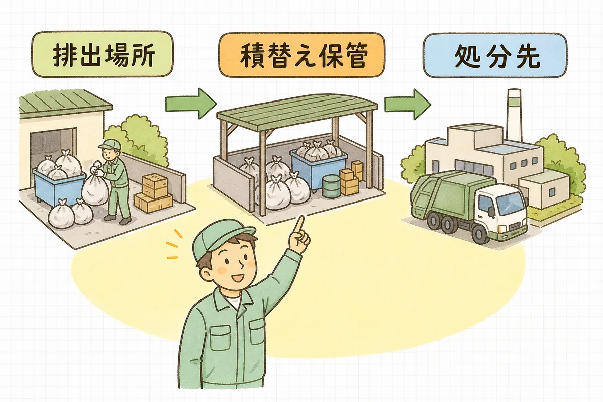 排出場所から積替え保管の場所を経て処分先へと廃棄物が流れる様子を指し示す担当者