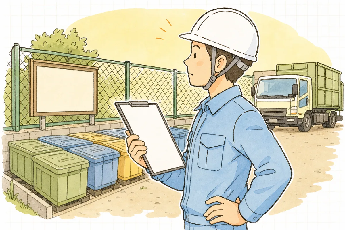 屋外の保管場所で、囲いと掲示板の前に立ち、積み上げられた産廃の容器と書類を見比べて条件を確かめる作業着姿の担当者