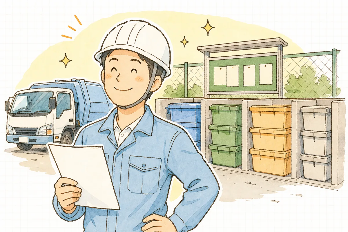 囲いと掲示板の整った保管場所の前で、書類を手に肩の力が抜けて穏やかな表情を見せる担当者