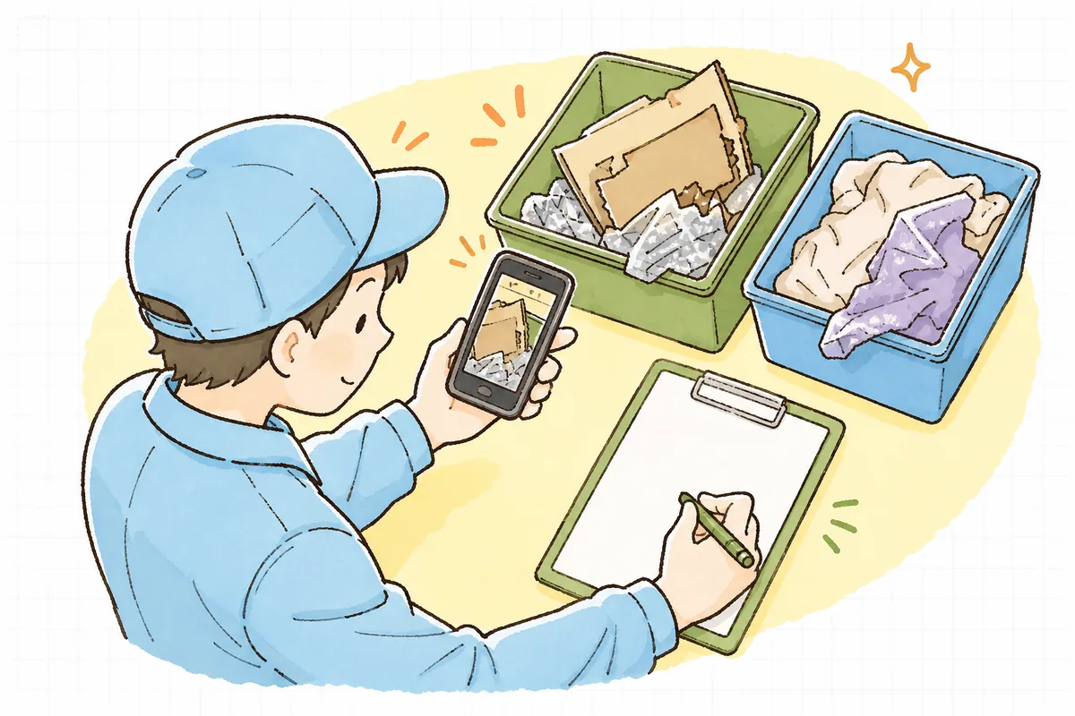 分けて確保した不適物をスマートフォンで撮影し、受入日や荷の情報をメモしている担当者の手元