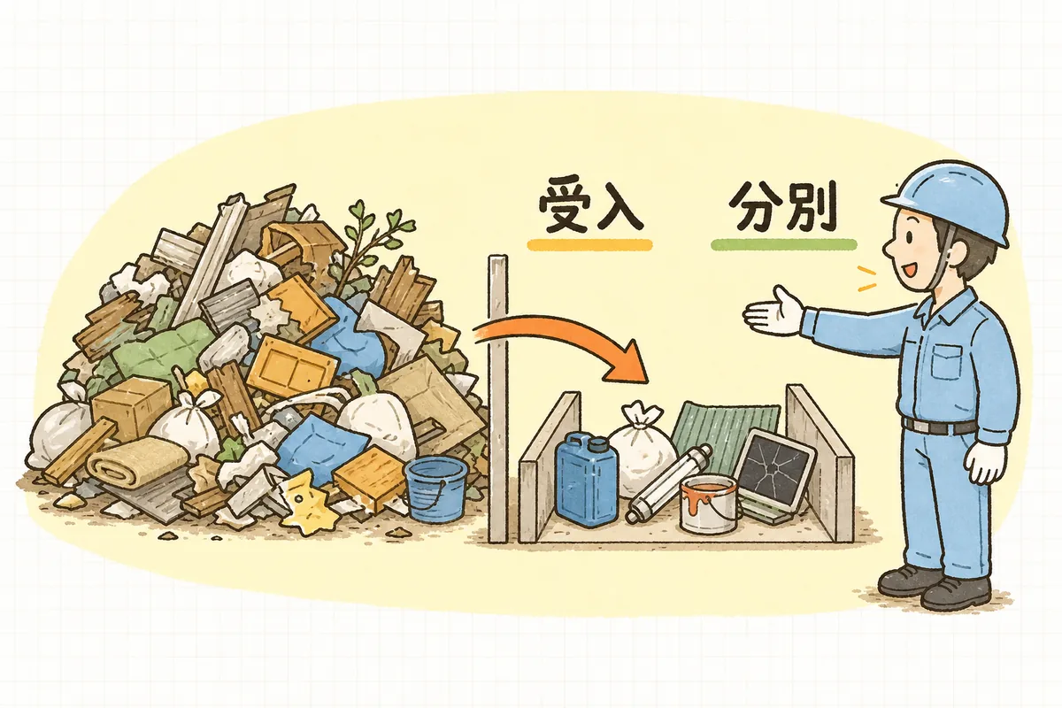 受け入れた廃棄物の中から不適物だけを別の区画に分けて置き、混ざらないようにしている様子を示した図