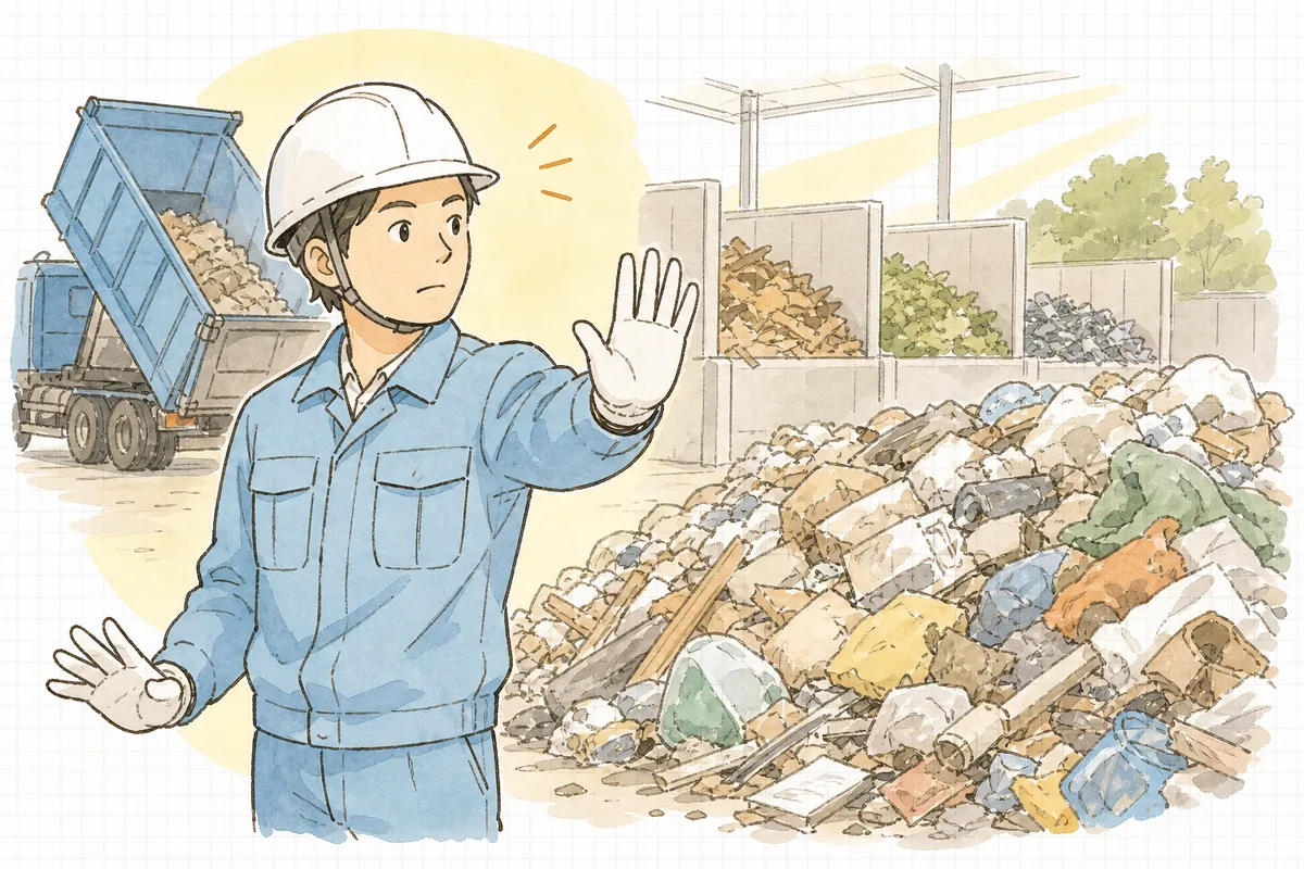 受入ヤードで荷降ろし中の廃棄物の中から想定と違うものを見つけ、手を止めて確認している産廃処理施設の作業担当者