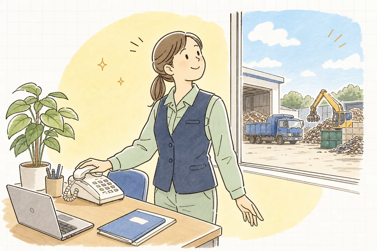 電話を終えて受話器を置いたあと、肩の力が抜けて穏やかな表情を見せている産廃処理会社の業務担当者