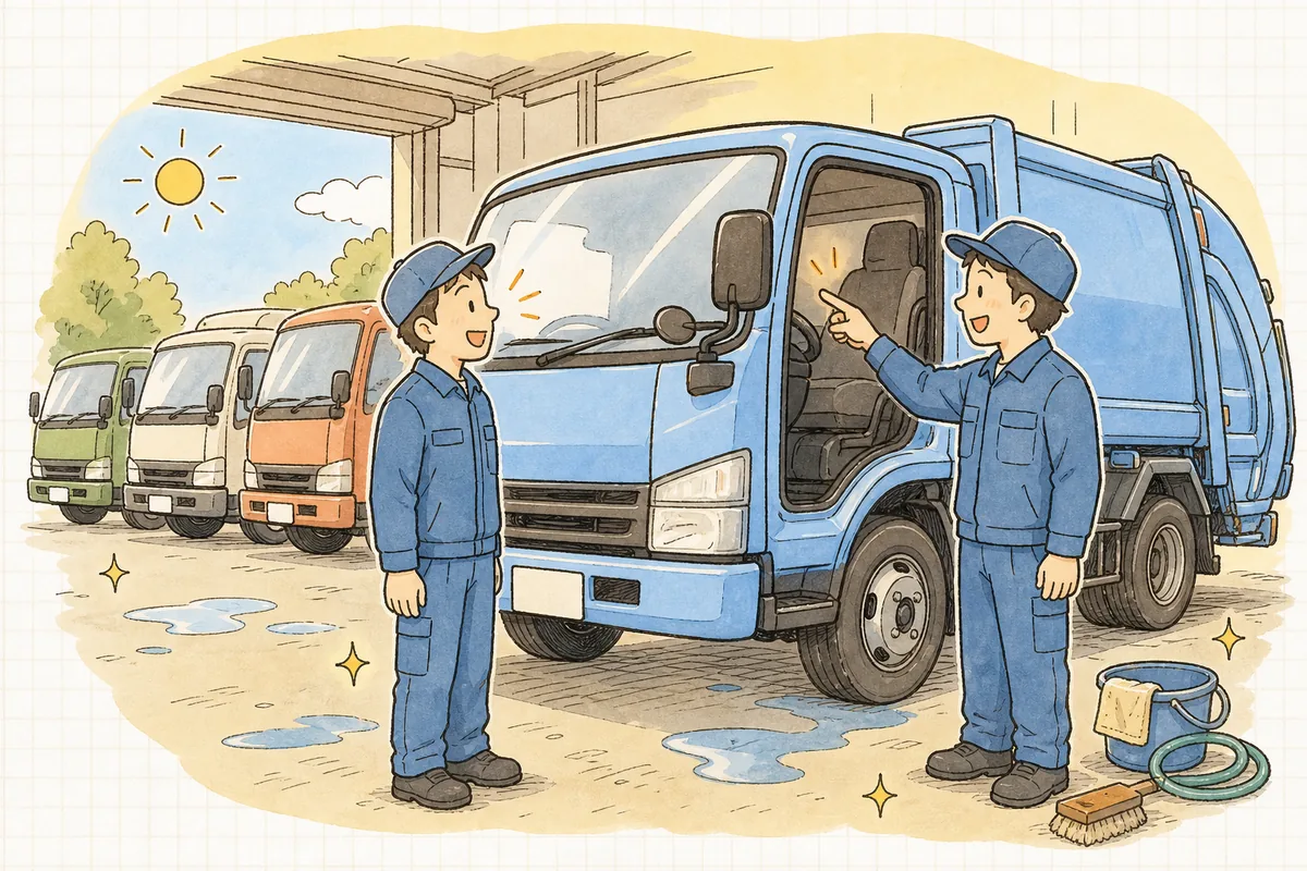 朝の車庫で、点検を終えた収集運搬車の前に立ち、運転席の横に貼ったカードを指さしながら同僚と笑顔で確認し合うドライバーたち