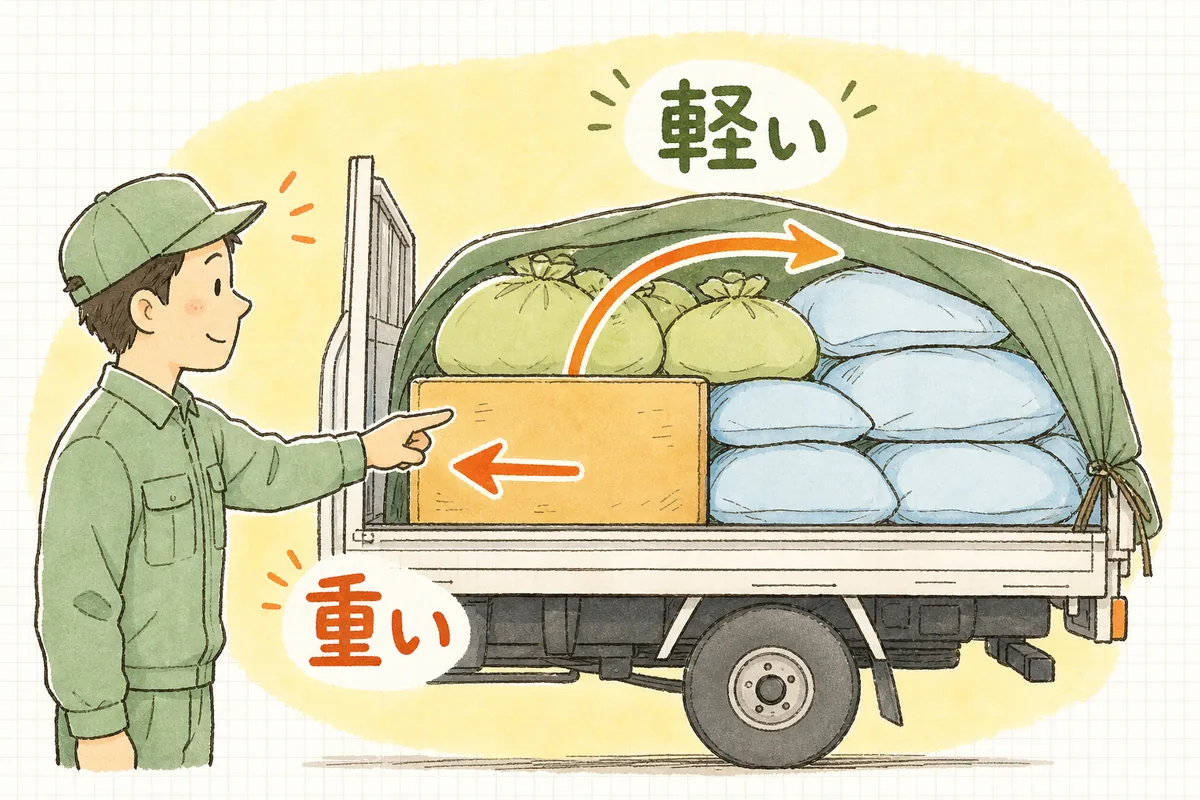 重いものを荷台の前寄り・低い位置に、軽いものを上にする積み方の重心の考え方を示した図