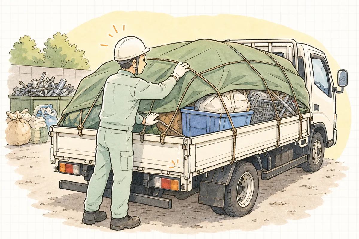 トラックの荷台に積んだ産廃をシートとロープで固定しながら、出発前に積み方を確認する収集運搬の担当者