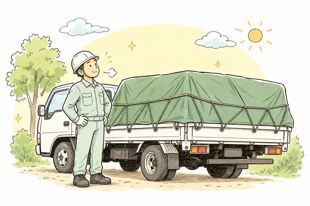 きちんと固縛を終えたトラックの前で、出発の準備が整い穏やかに一息つく収集運搬の担当者