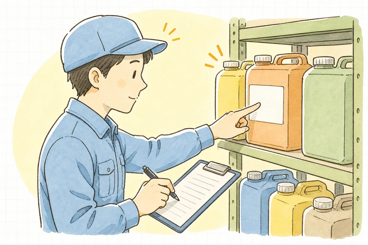 引火性や有害ガスなど、取扱い上の注意点をシートに書き添える排出事業者の担当者