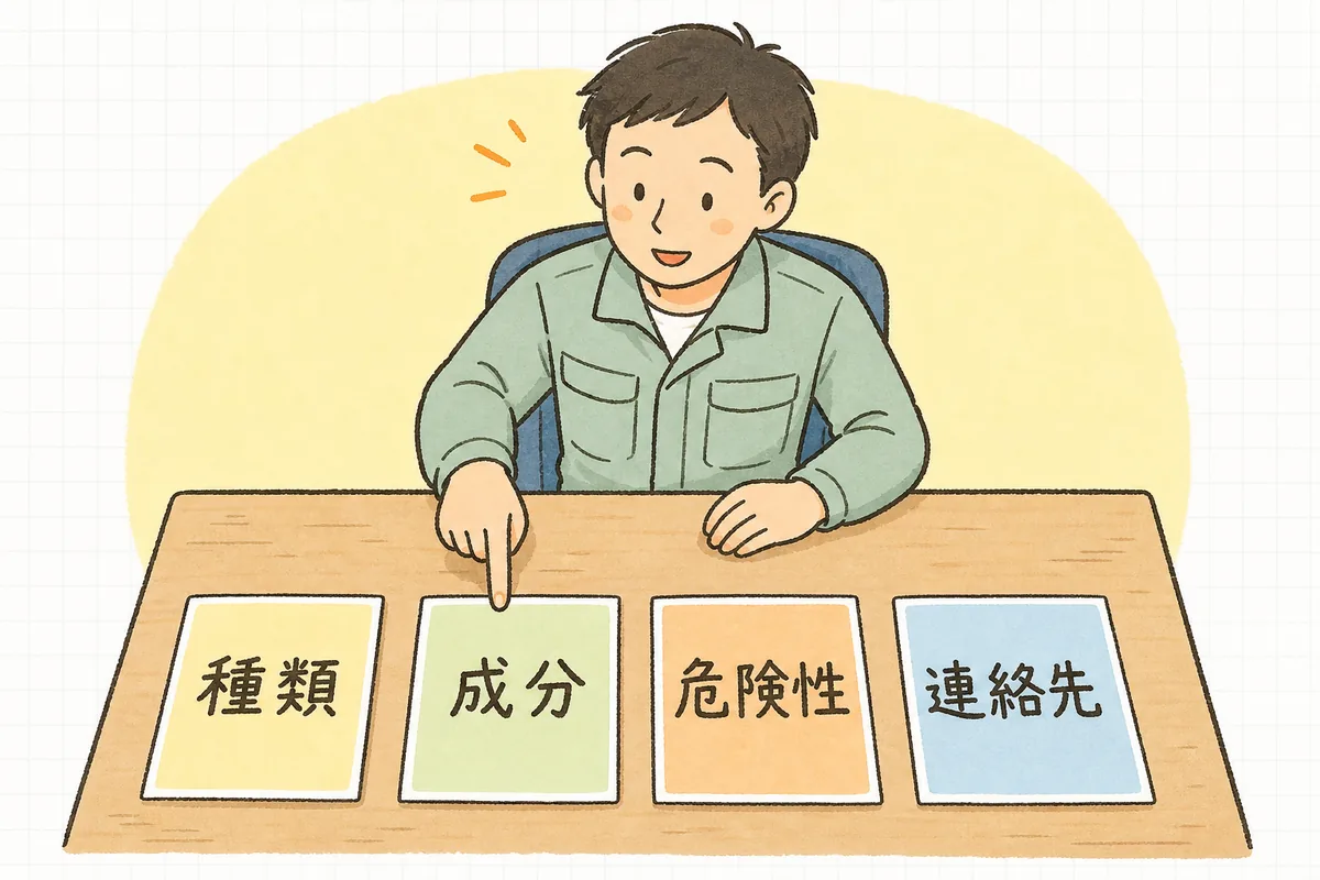 種類・成分・危険性・連絡先という4つの記入のまとまりを左から順に確かめる排出事業者の担当者