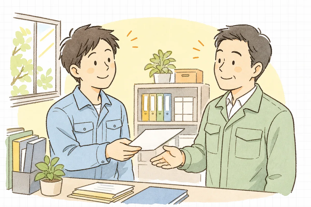 書き上げたWDSを処理業者に手渡し、互いに穏やかな表情でうなずき合う排出事業者の担当者
