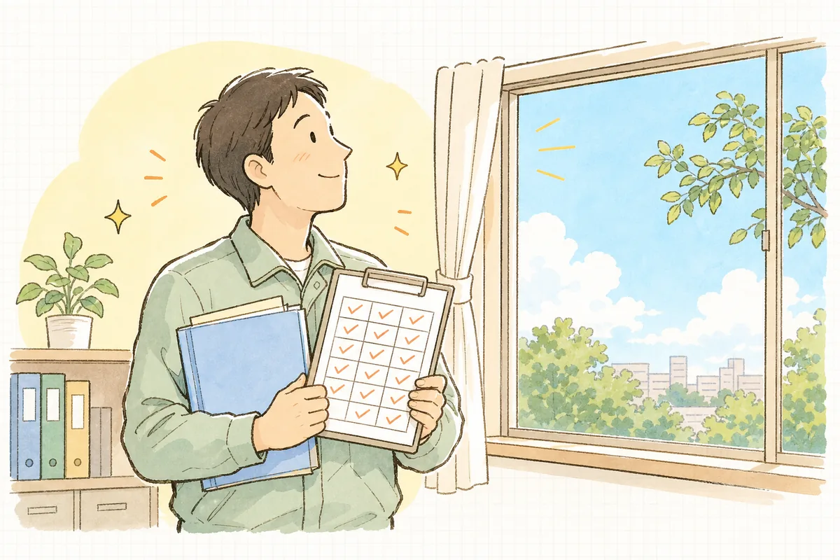 各自治体への届出を出し終え、チェック表に印をつけて穏やかに一息つく産廃の現場担当者