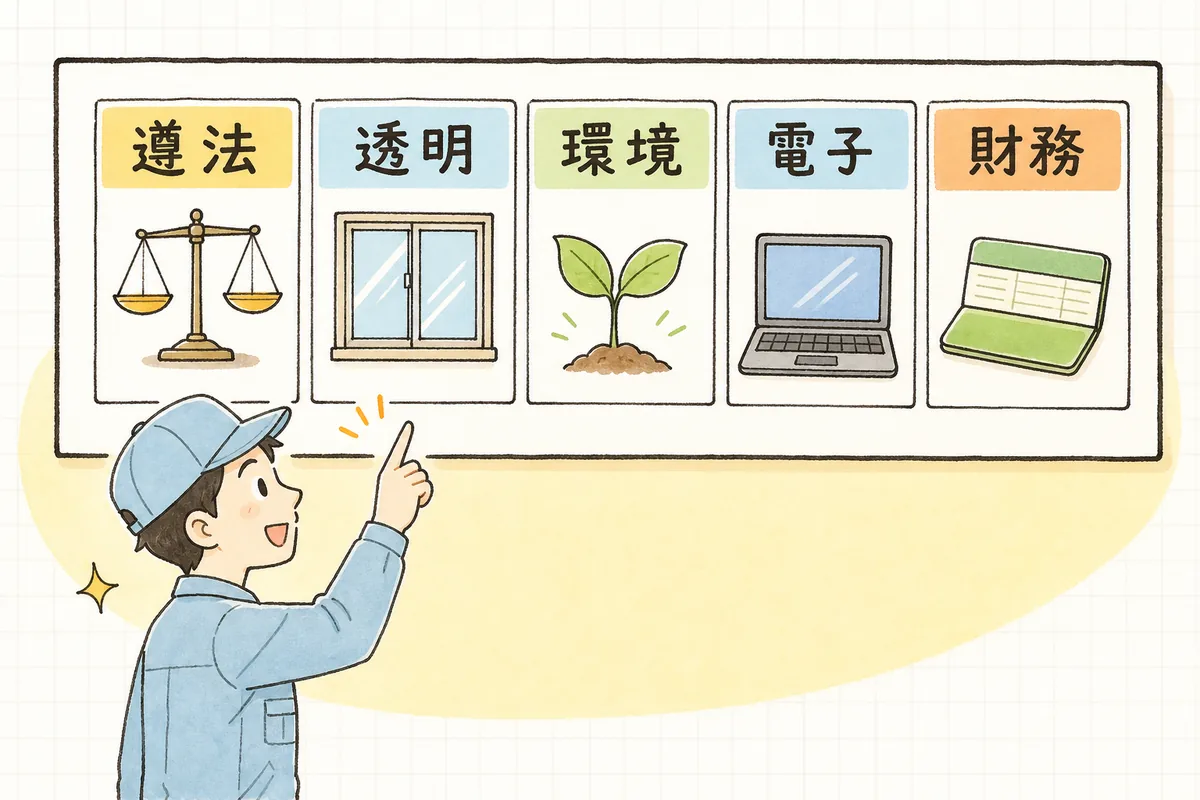 遵法・透明・環境・電子・財務という5つの基準が並ぶボードを順に指でたどる産廃の現場担当者