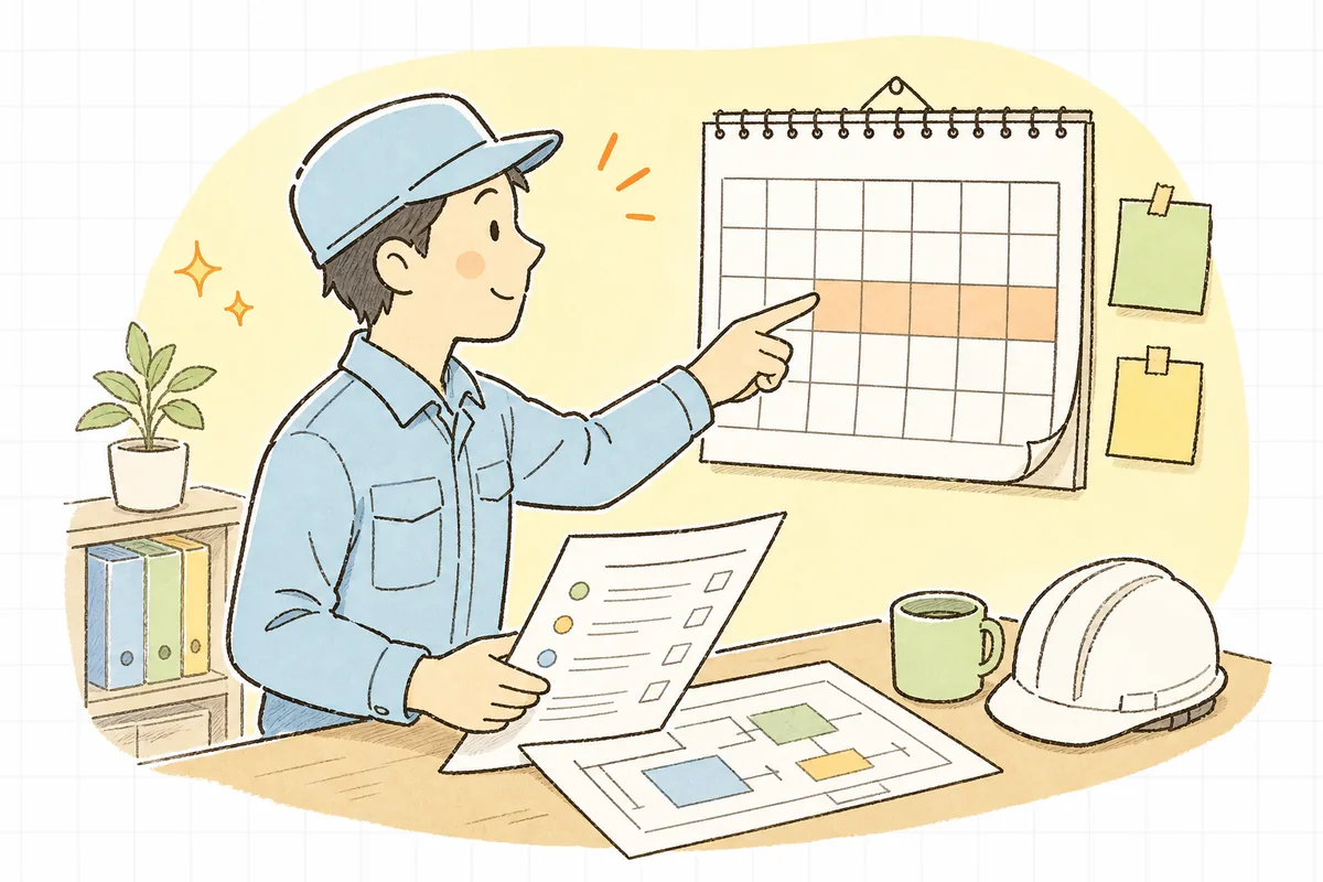 更新の時期に合わせて優良認定の準備を並行して進める段取りをカレンダーで確認する産廃の現場担当者