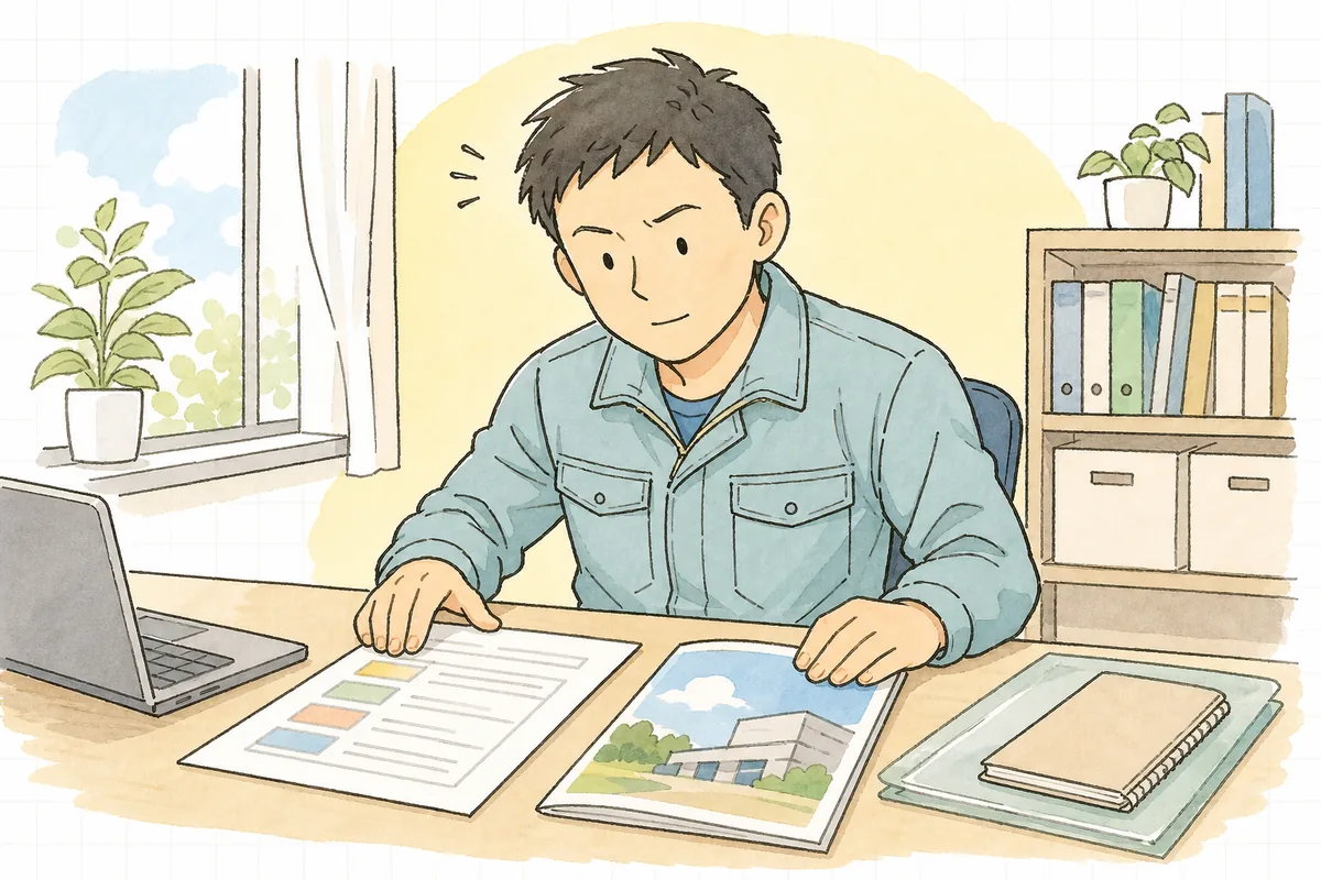 優良認定の要件が書かれた資料を机に広げ、どこから手をつけるか考え込む産廃の現場担当者