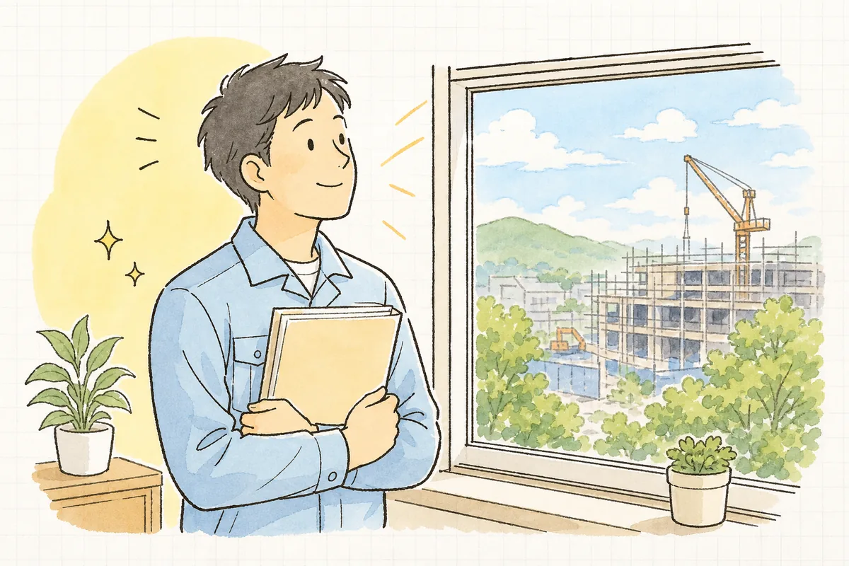 準備の見通しが立ち、書類ファイルを手に窓辺で穏やかに前を向く産廃の現場担当者