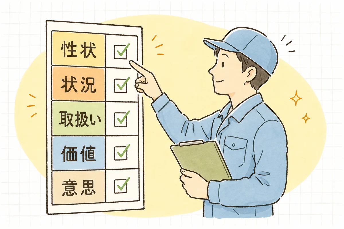 5つの確認項目が並んだチェック表を上から順に指でたどりながら確かめる産廃の担当者
