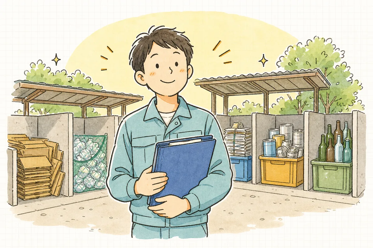 判断の根拠をまとめた書類をファイルにとじ終え、整然と片づいた資源置き場を見渡してほっと一息つく産廃の担当者